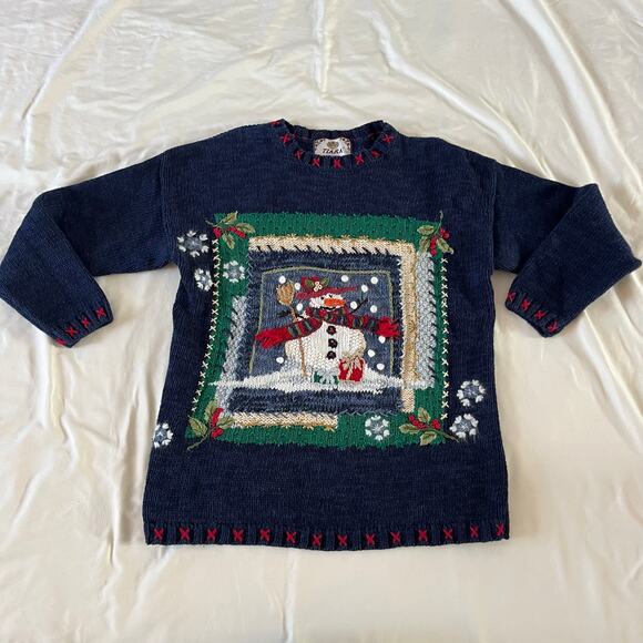 Vtg Y2K 2001 Blue Knit Embroidered Snowman Pullover Sweater Wmns M Holiday - Picture 1 of 8